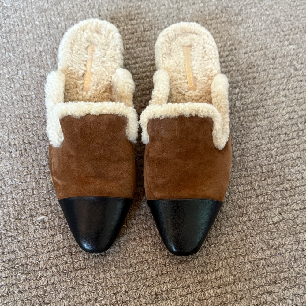 Veronica Beard Brown and Black Suede Mules with Shearling Lining